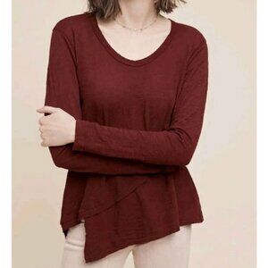 Anthropologie Left Of Center Burgundy Knit Split Front Long Sleeve XSP Knit Top